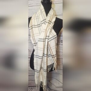 Plaid White and Tan Scarf With Fringe Edge